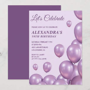 invitaciones para cumpleaños 59 globos Chic Morado