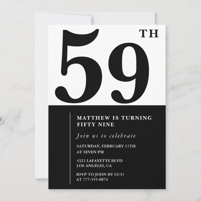 invitaciones para cumpleaños 59 negro y blanco ele (Anverso)