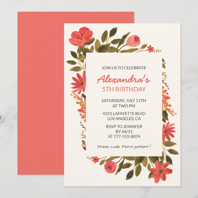 invitaciones para cumpleaños 5 Floral Boho Elegant (Anverso / Reverso)
