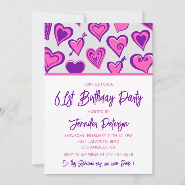 Invitaciones para cumpleaños 61 con patrón de cora (Anverso)