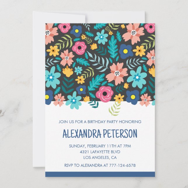invitaciones para cumpleaños 61 Floral Patrón Azul (Anverso)