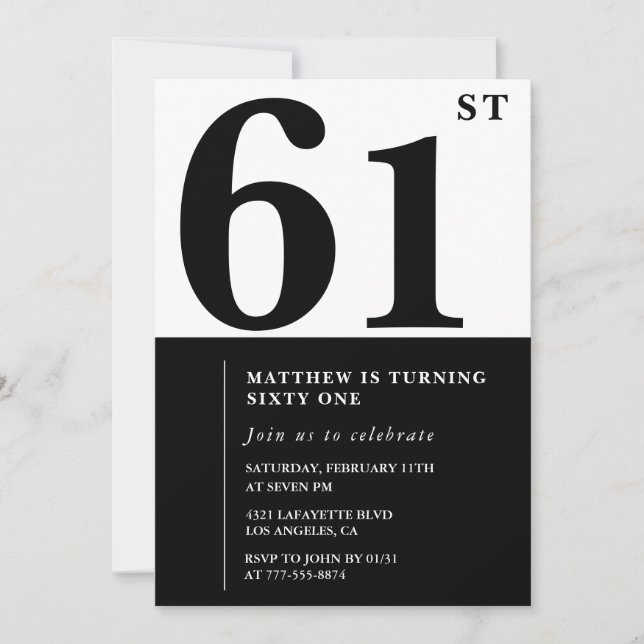 invitaciones para cumpleaños 61 negro y blanco ele (Anverso)