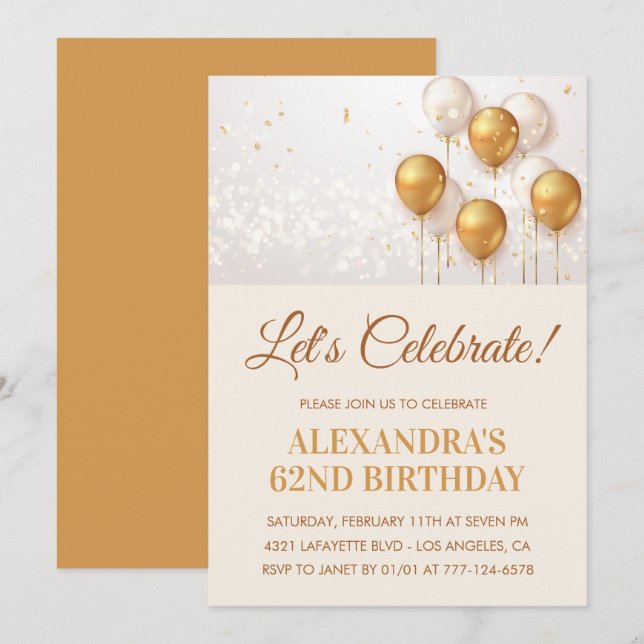 invitaciones para cumpleaños 62 Gold Balloons  (Anverso / Reverso)