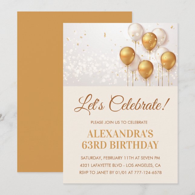 invitaciones para cumpleaños 63 años Globos Dorado (Anverso / Reverso)