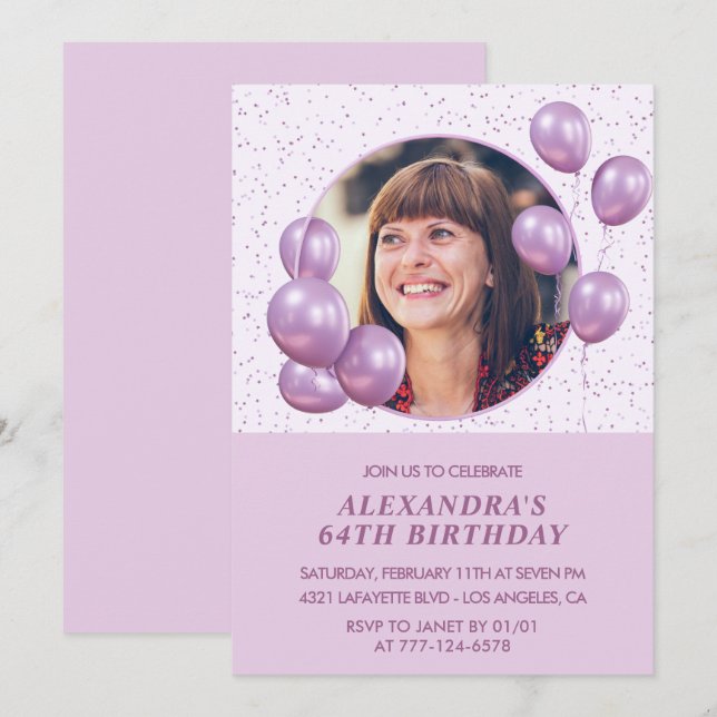 Invitaciones para cumpleaños 64 años Globos  Morad (Anverso / Reverso)