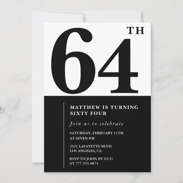 invitaciones para cumpleaños 64 negro y blanco ele (Anverso)