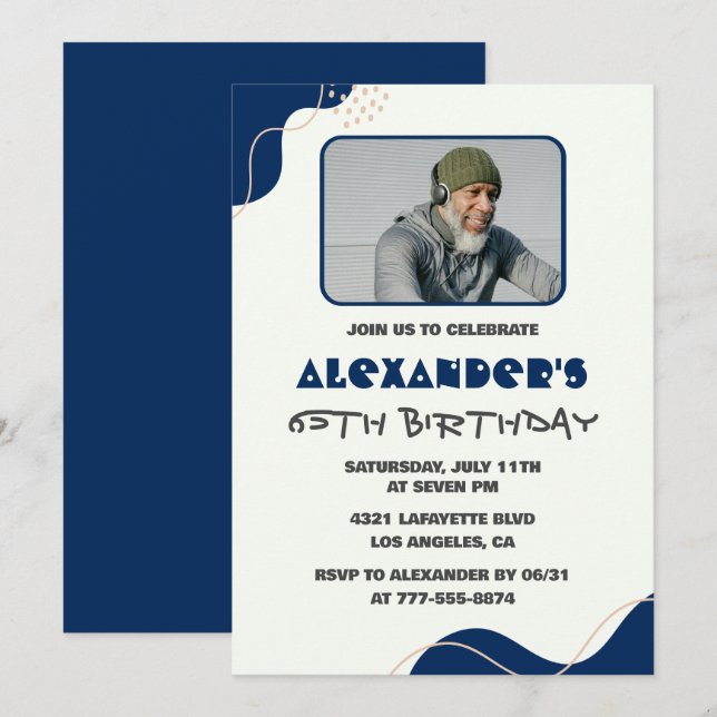invitaciones para cumpleaños 65 hombres azul simpl (Anverso / Reverso)