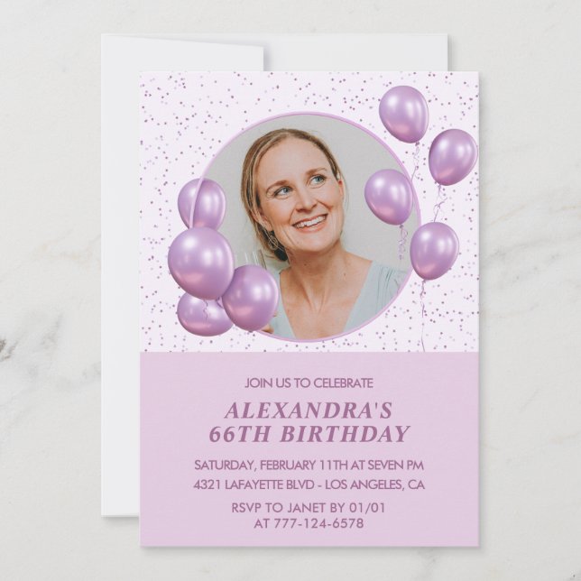 invitaciones para cumpleaños 66 con foto globos mo (Anverso)