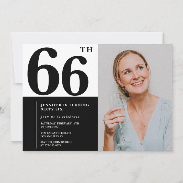 Invitaciones para cumpleaños 66 en foto en blanco  (Anverso)