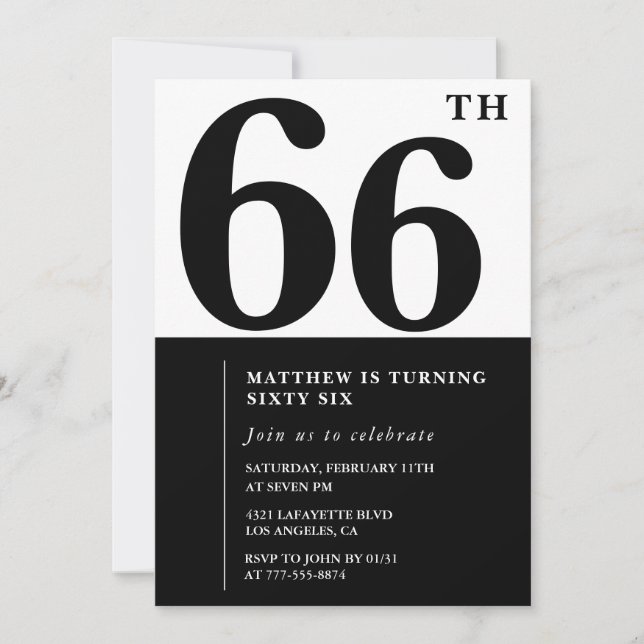 invitaciones para cumpleaños 66 negro y blanco ele (Anverso)