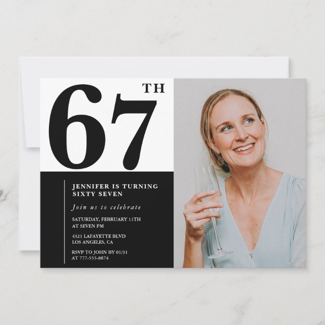Invitaciones para cumpleaños 67 en foto en blanco  (Anverso)