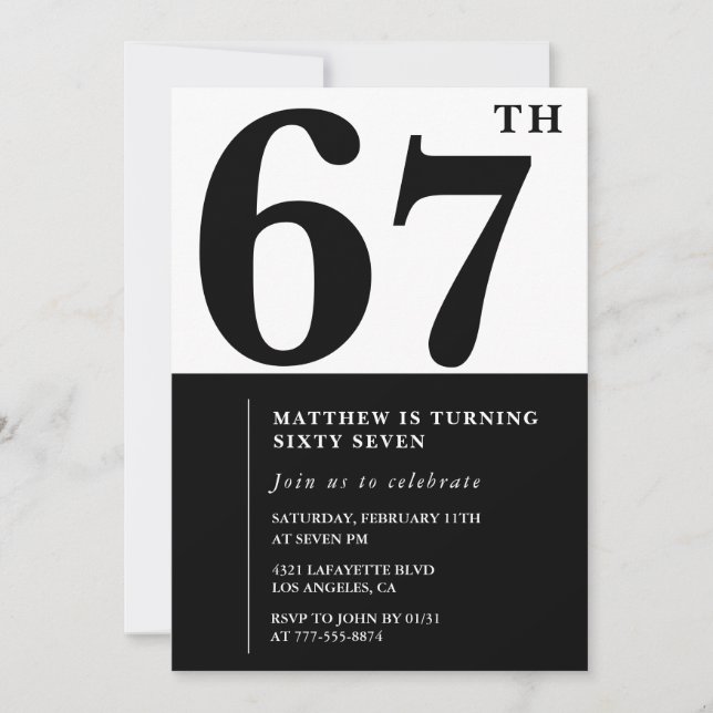 invitaciones para cumpleaños 67 negro y blanco ele (Anverso)