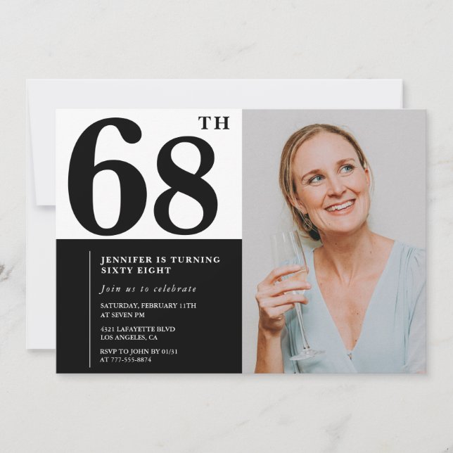 Invitaciones para cumpleaños 68 en foto en blanco  (Anverso)