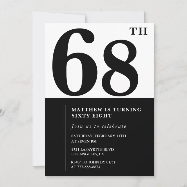 invitaciones para cumpleaños 68 negro y blanco ele (Anverso)