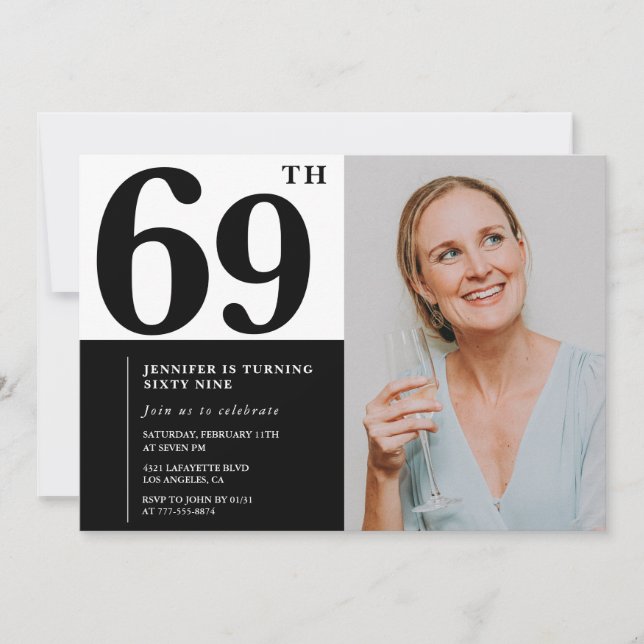 Invitaciones para cumpleaños 69 en foto en blanco  (Anverso)