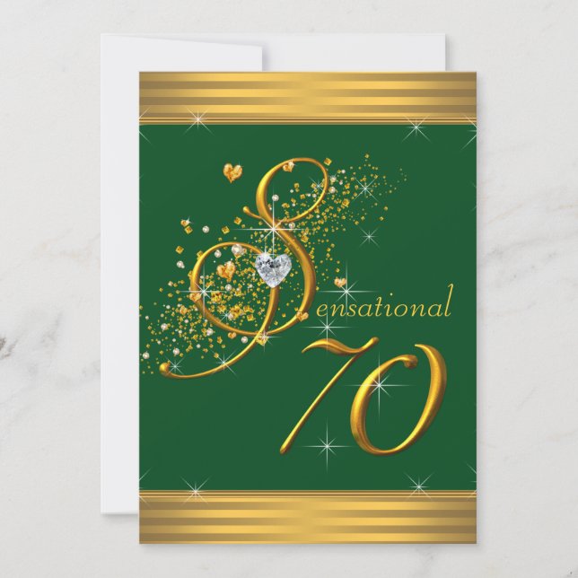 Invitaciones para cumpleaños 70 de verde y dorado (Anverso)
