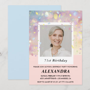 Invitaciones para cumpleaños 71 con foto de confet