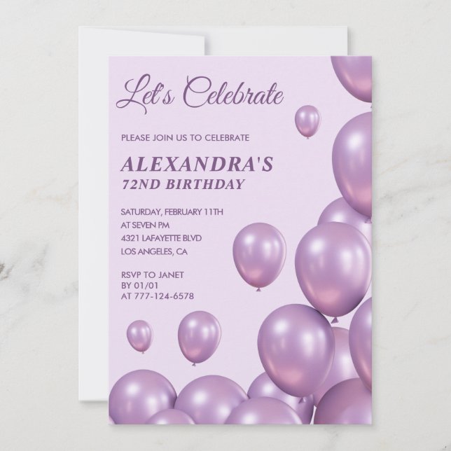 invitaciones para cumpleaños 72 Globos Morados (Anverso)