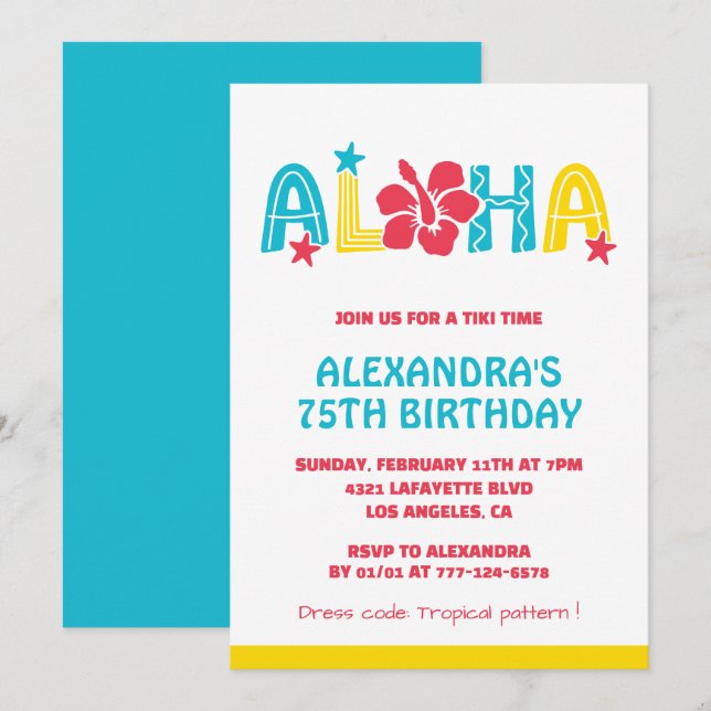 invitaciones para cumpleaños 75 Tropical Aloha Haw (Anverso / Reverso)