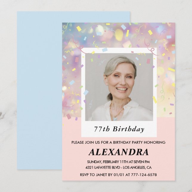 Invitaciones para cumpleaños 77 con confeti rosa y (Anverso / Reverso)
