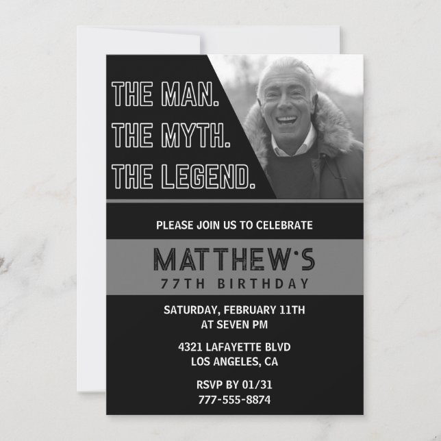 Invitaciones para cumpleaños 77 negro El Hombre La (Anverso)