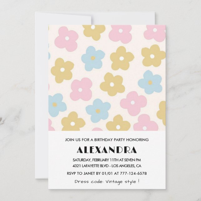 invitaciones para cumpleaños 79 Retro Flores (Anverso)