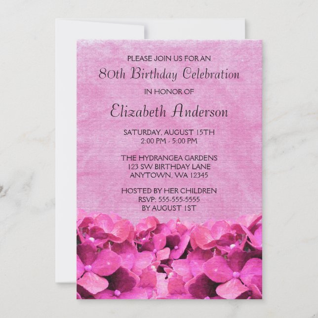 Invitaciones para Cumpleaños 80 de Hortensias Rosa (Anverso)
