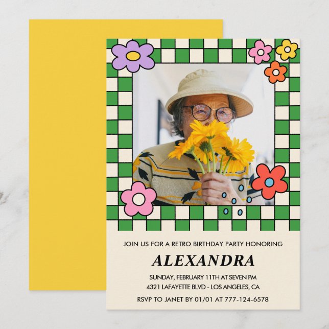 invitaciones para cumpleaños 80 Retro Flores Groov (Anverso / Reverso)