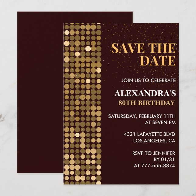 invitaciones para cumpleaños 80 Save the date Gold (Anverso / Reverso)