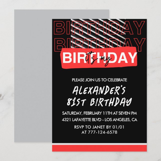Invitaciones para cumpleaños 81 de hombres negro r (Anverso / Reverso)