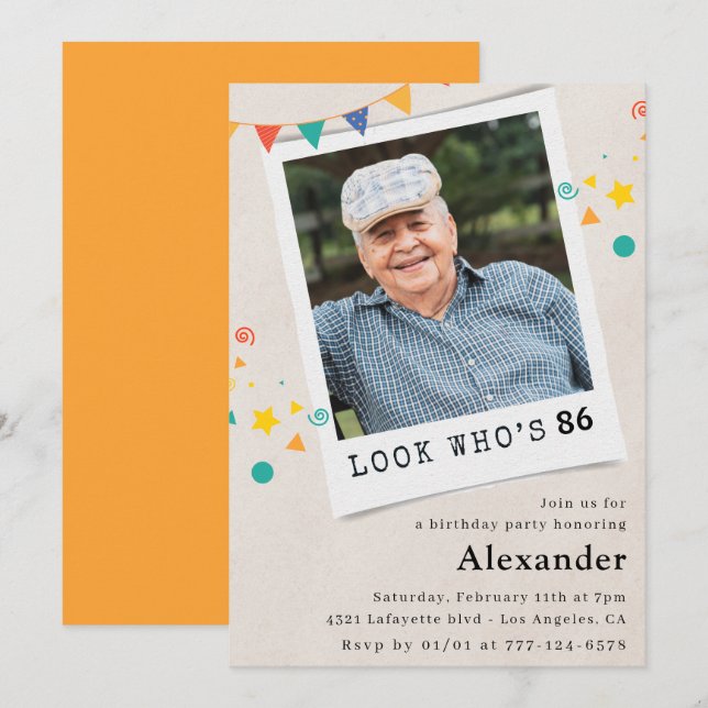 Invitaciones para cumpleaños 86º hombres foto dive (Anverso / Reverso)