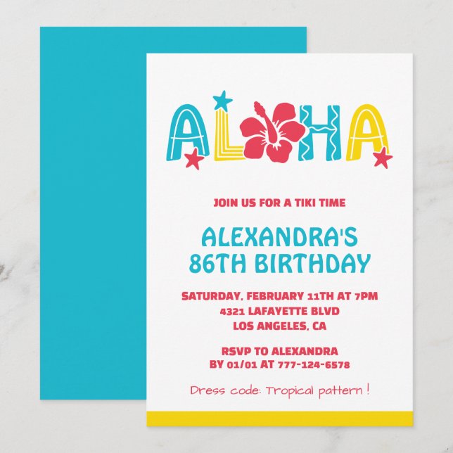 invitaciones para cumpleaños 86 Tropical Aloha Haw (Anverso / Reverso)