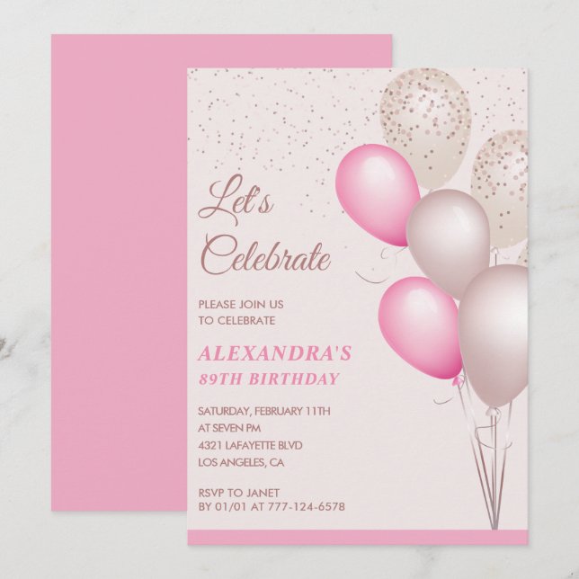 invitaciones para cumpleaños 89 globos rosados (Anverso / Reverso)
