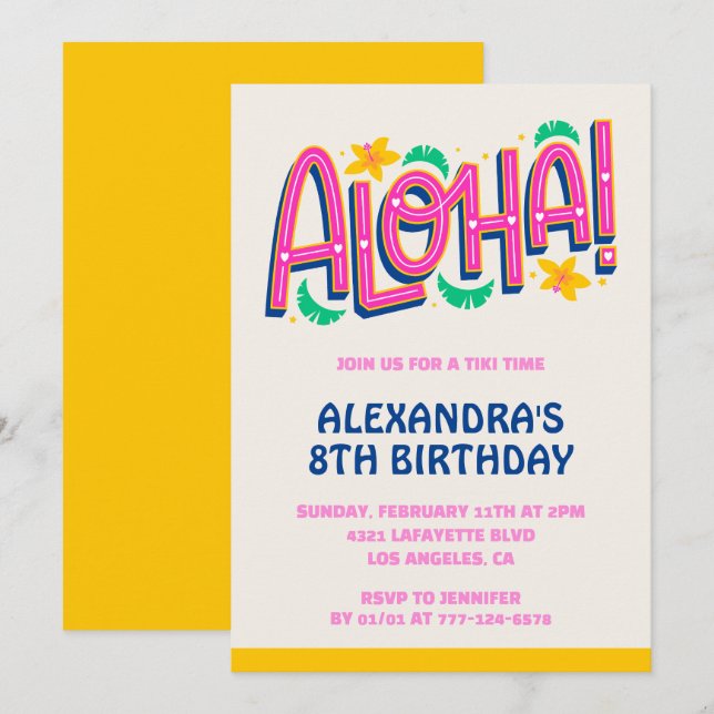 invitaciones para cumpleaños 8 Tropical Aloha Hawa (Anverso / Reverso)