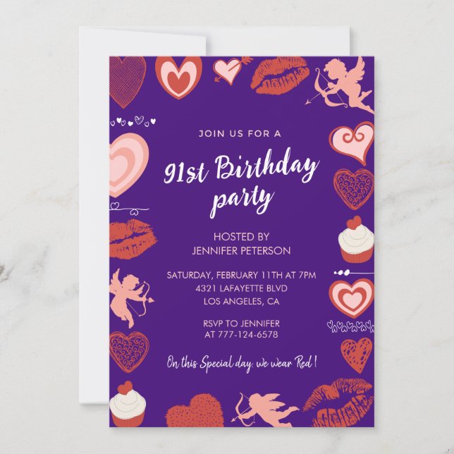 Invitaciones para cumpleaños 91 con corazones rosa (Anverso)