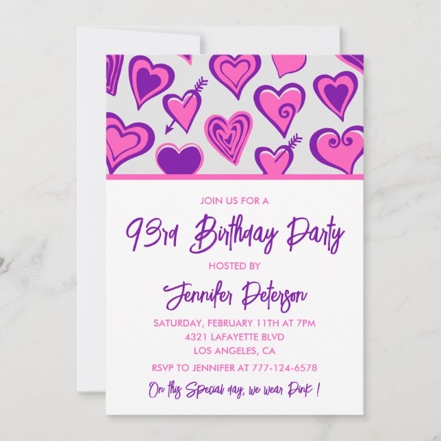 Invitaciones para cumpleaños 93 con patrón de cora (Anverso)