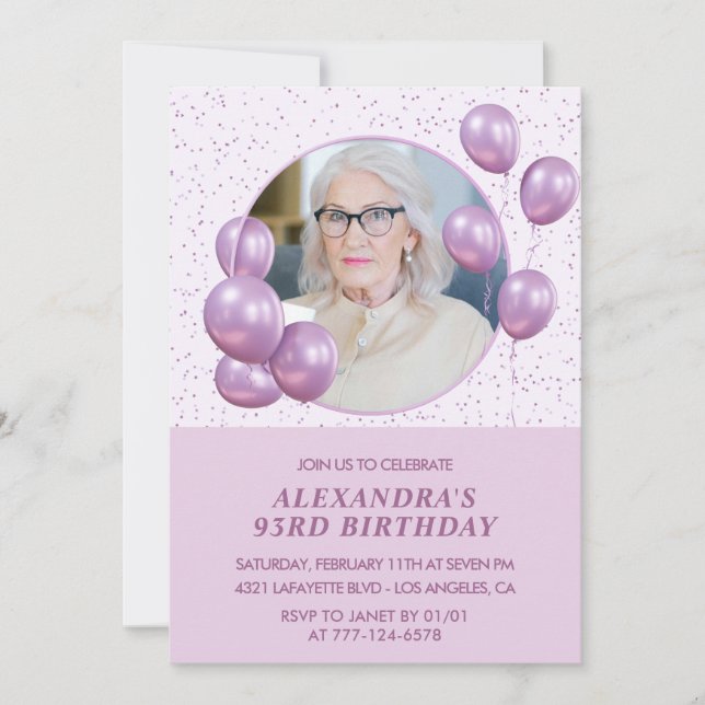 invitaciones para cumpleaños 93 Foto Globos Morado (Anverso)