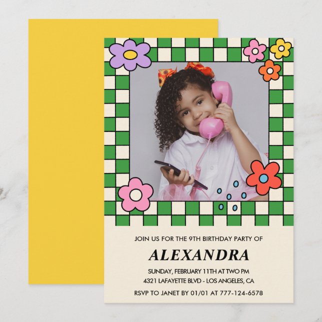 Invitaciones para cumpleaños 9 de niña Flores Retr (Anverso / Reverso)