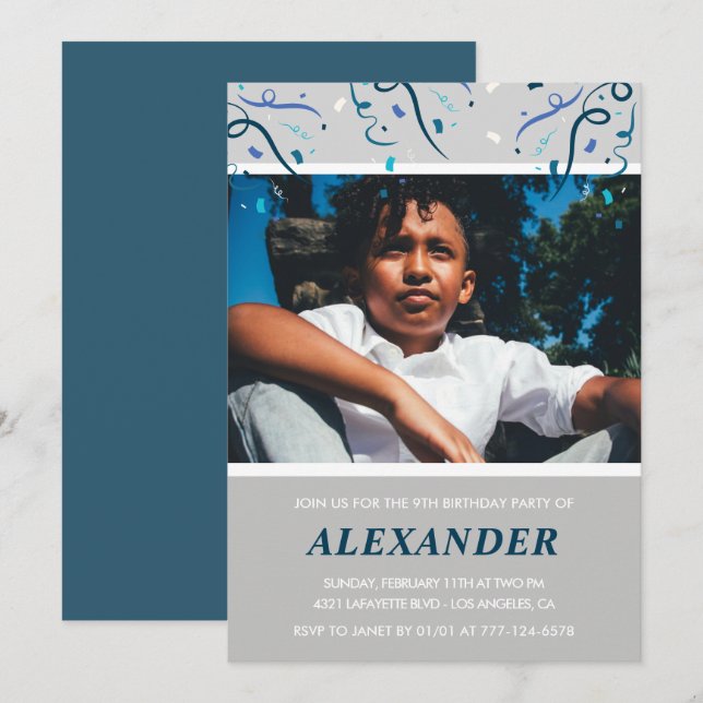 Invitaciones para cumpleaños 9 de niño Confeti Fot (Anverso / Reverso)