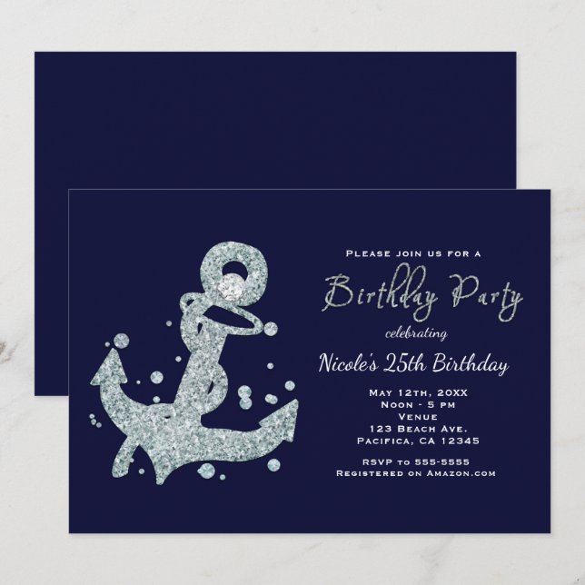 Invitaciones para cumpleaños con ancla de diamante (Anverso / Reverso)