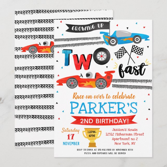  Invitaciones para Cumpleaños de Autos de Carreras (Anverso / Reverso)