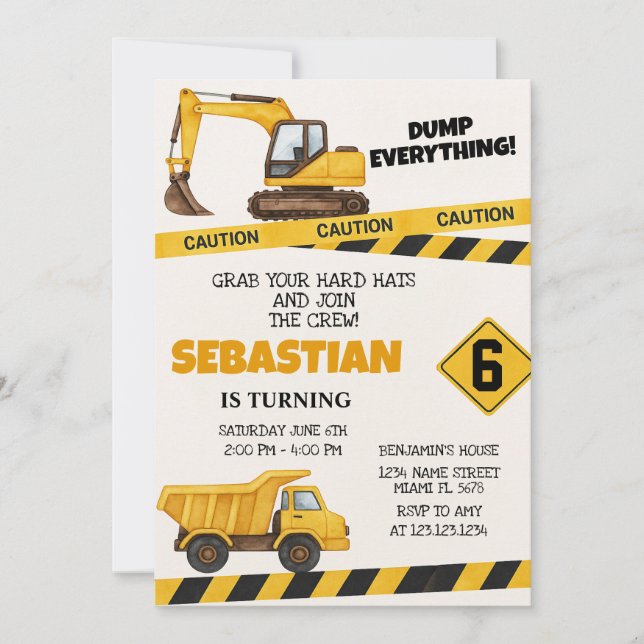 Invitaciones para cumpleaños de construcción (Anverso)