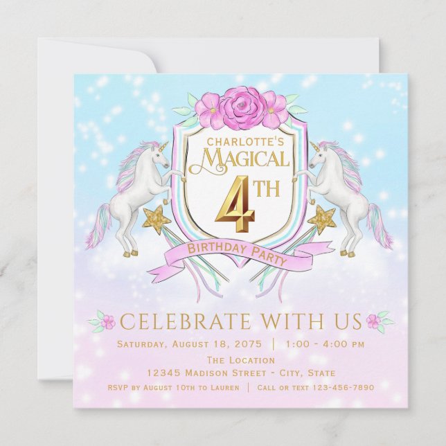 Invitaciones para Cumpleaños de Niñas Unicornio 4  (Anverso)