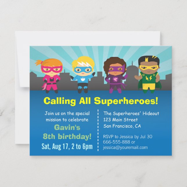 Invitaciones para Cumpleaños de Niños de Superhéro (Anverso)