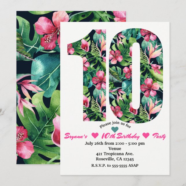 Invitaciones para cumpleaños número 10 con flores  (Anverso / Reverso)