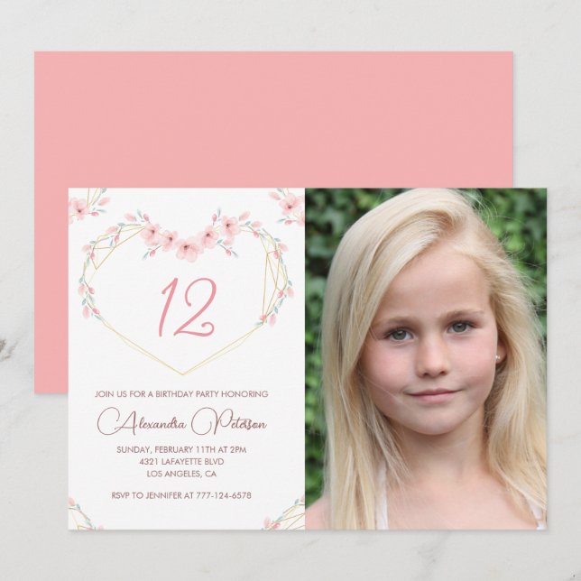 invitaciones para cumpleaños número 12 Boho Floral (Anverso / Reverso)