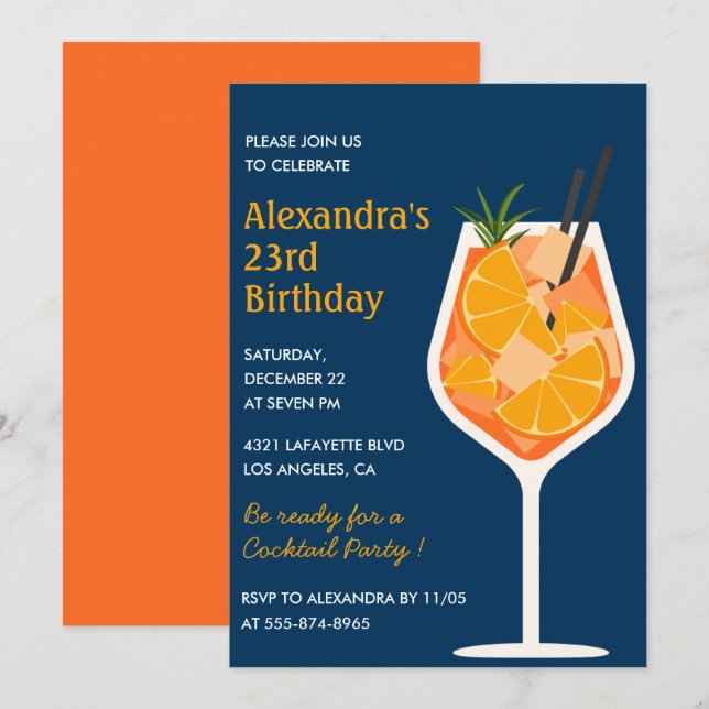 invitaciones para cumpleaños número 23 Cóctel Eleg (Anverso / Reverso)
