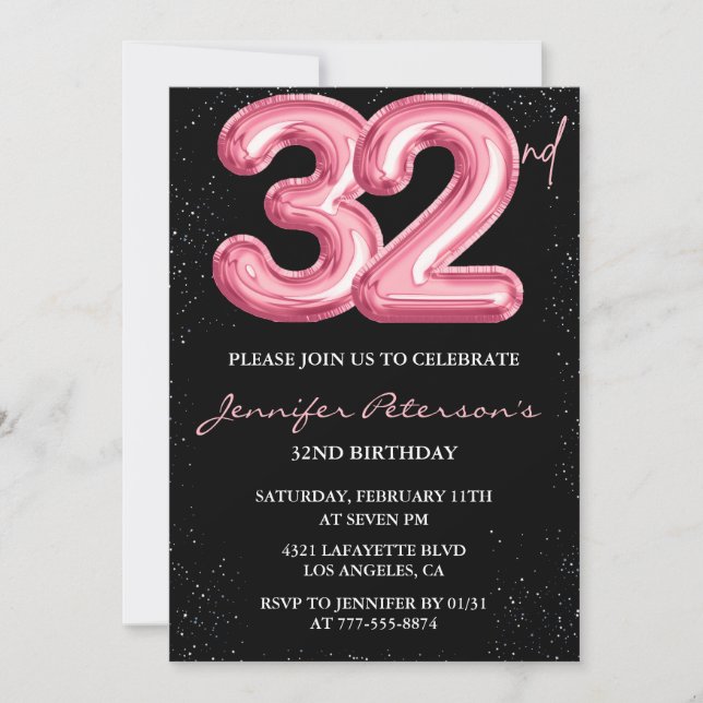 invitaciones para cumpleaños número 32 Pink Balloo (Anverso)
