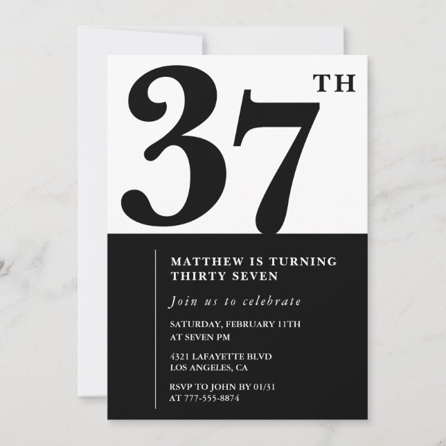 invitaciones para cumpleaños número 37 Black and W (Anverso)