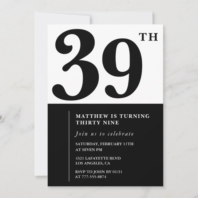 invitaciones para cumpleaños número 39 Elegantes N (Anverso)